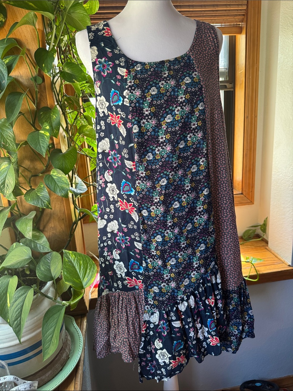 UMGEE PATCHWORK Boho Floral Asymmetrical Ruffle Long Tank Top XL plus size